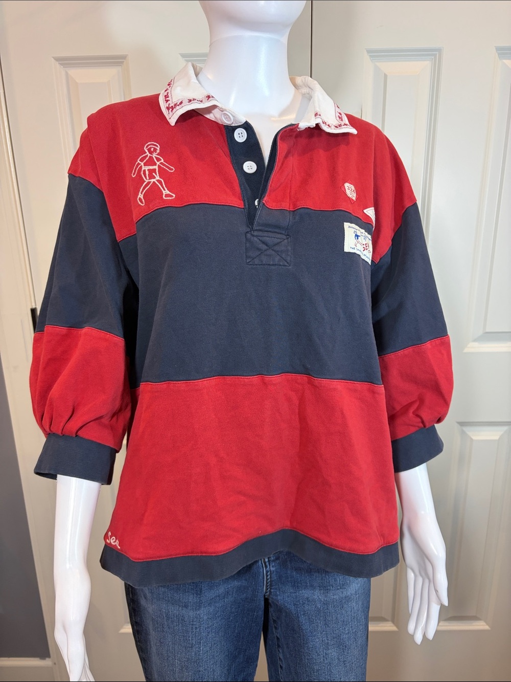 Sea New York Red & Navy Striped Rugby Polo